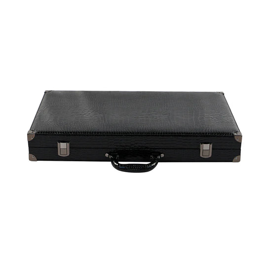 Closed luxury black vegan leather backgammon case with crocodile texture and metal clasps