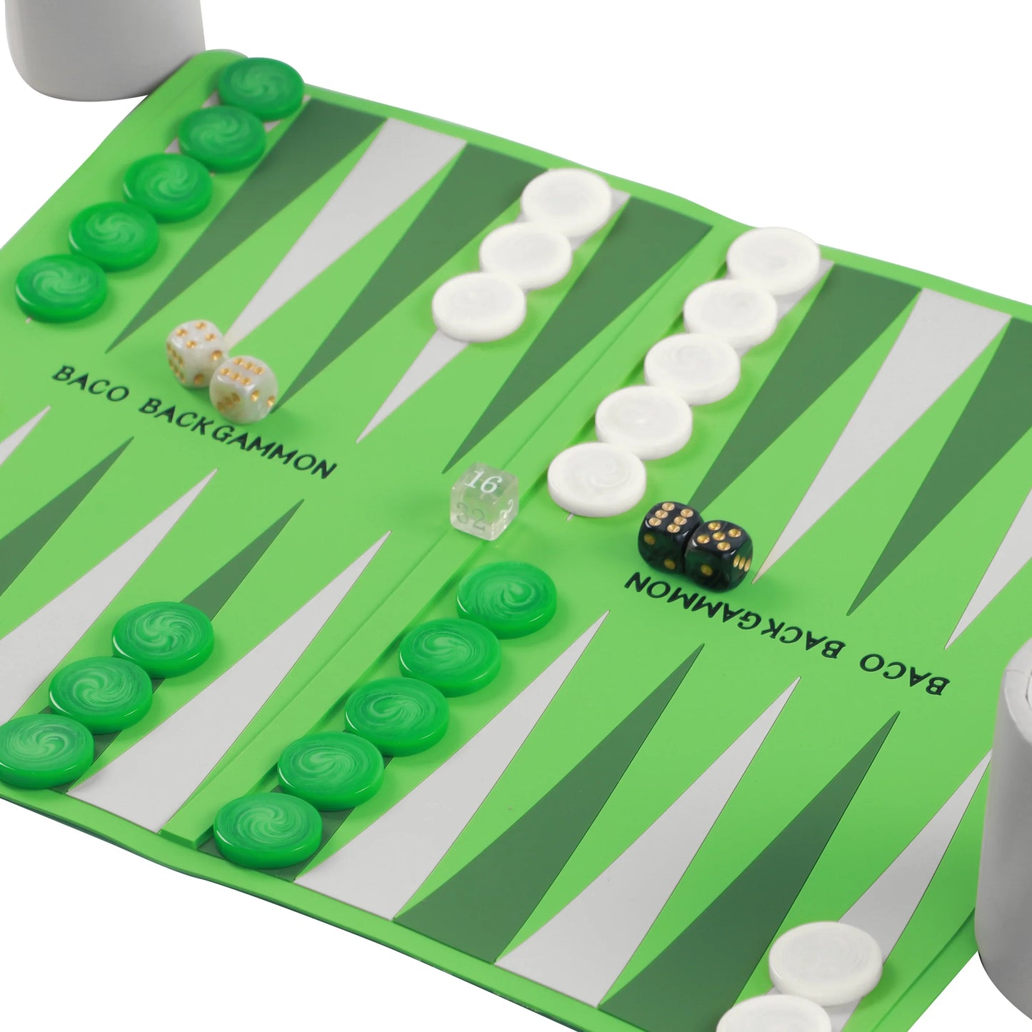 Bright green and white Baco Backgammon set with white and green checkers, dice, and doubling cube