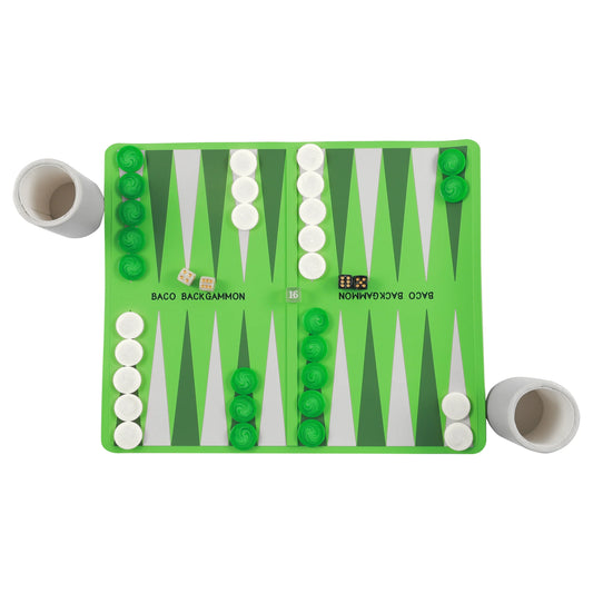 Green and white backgammon board with matching checkers, dice cups, and dice, branded Baco Backgammon