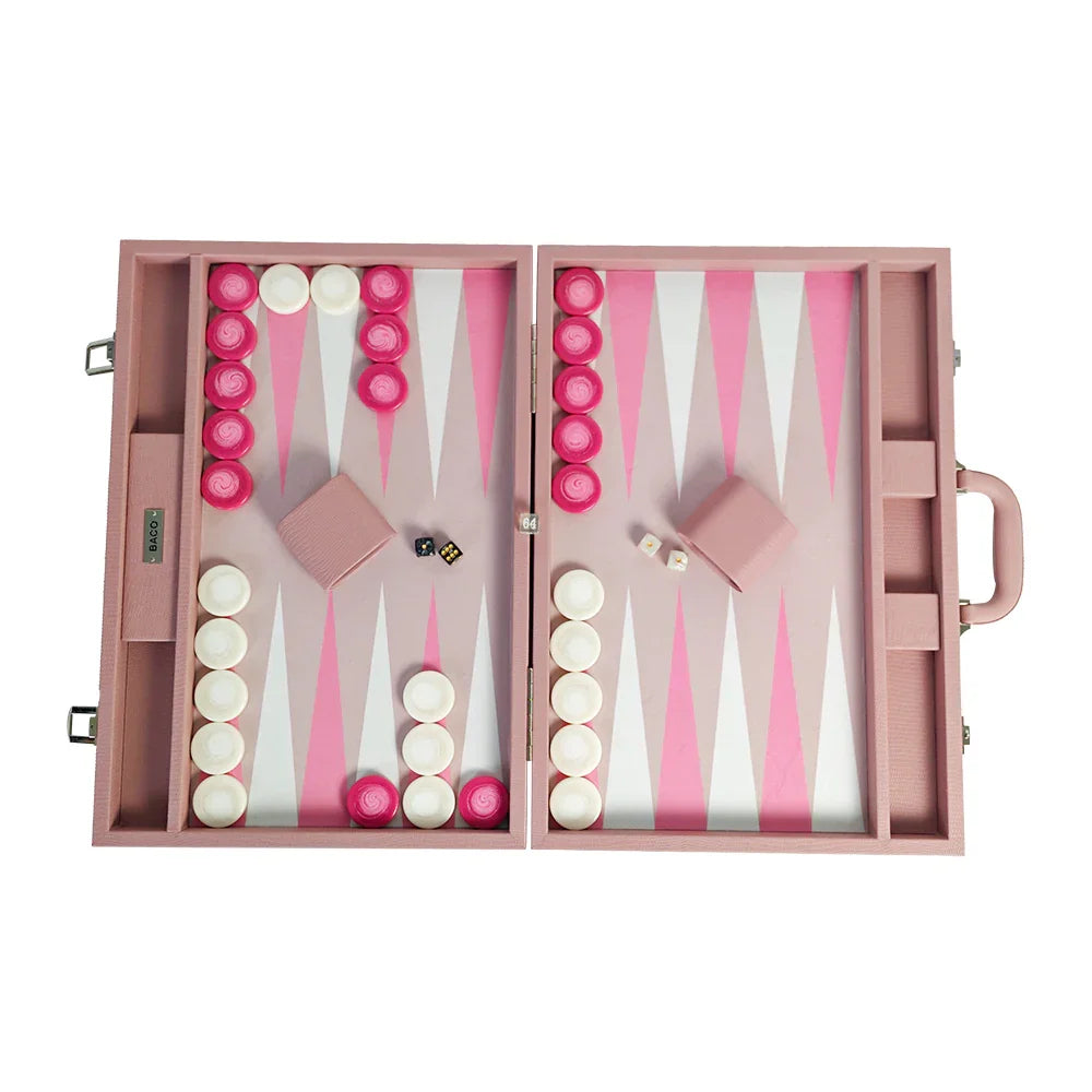 Top view of Rose Pink large backgammon set layout ready for play
