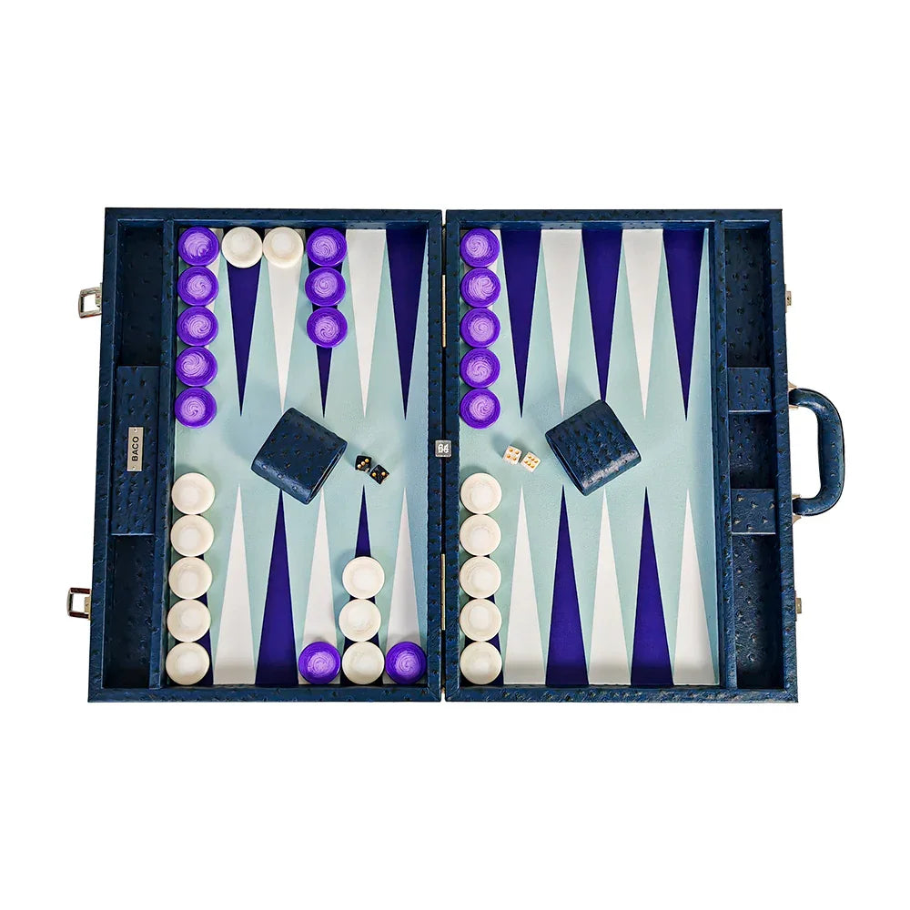 Top view of navy blue backgammon layout