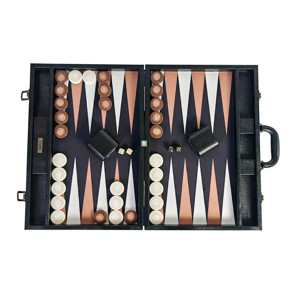Top view of monochromatic black backgammon layout