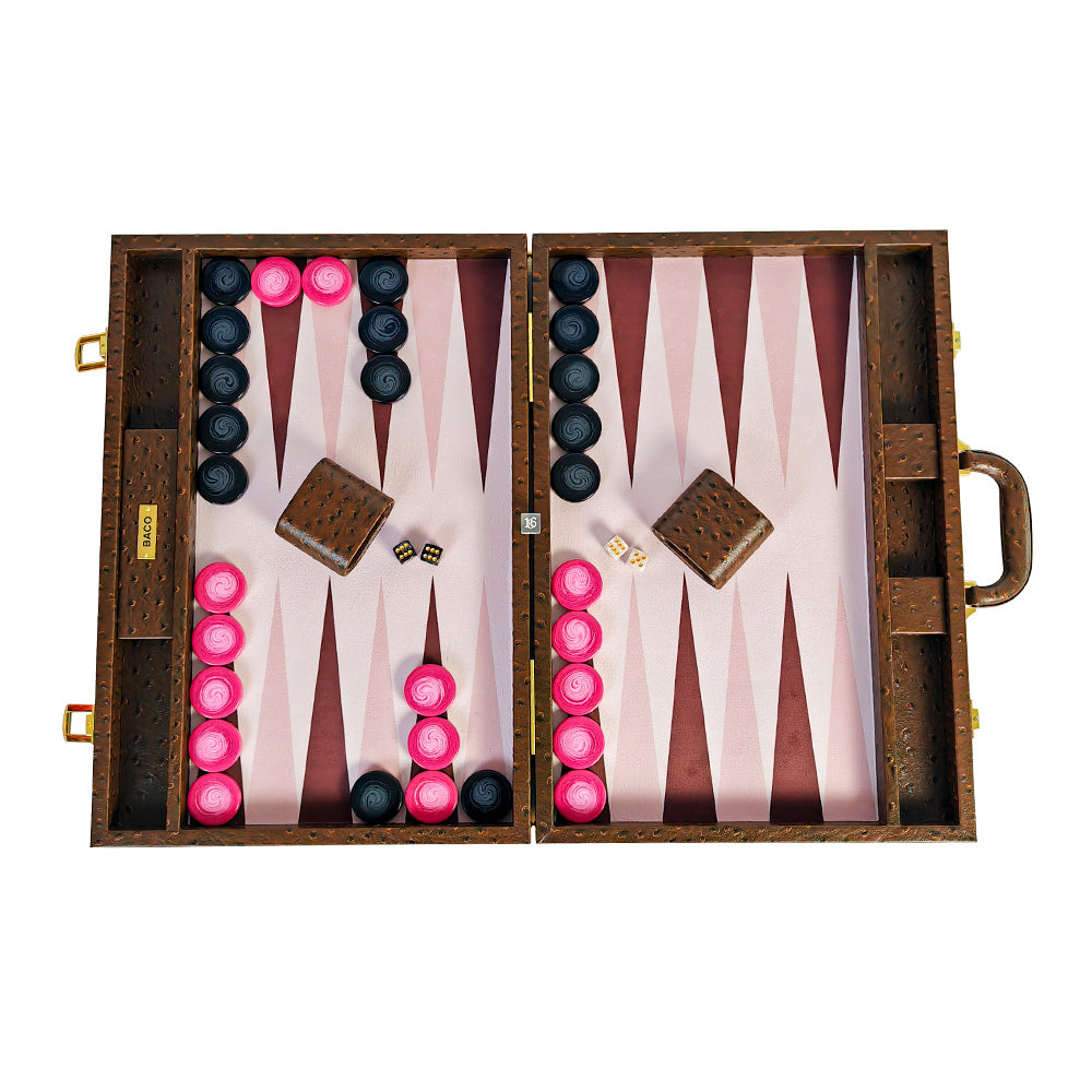 BACO Walnut Brown Ostrich Large Backgammon - bacobackgammon