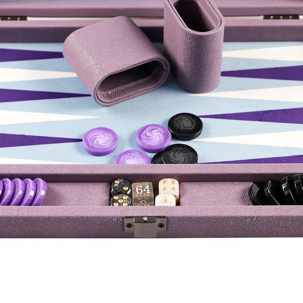 Luxury vegan leather backgammon set in purple with black and purple swirling checkers and designer dice