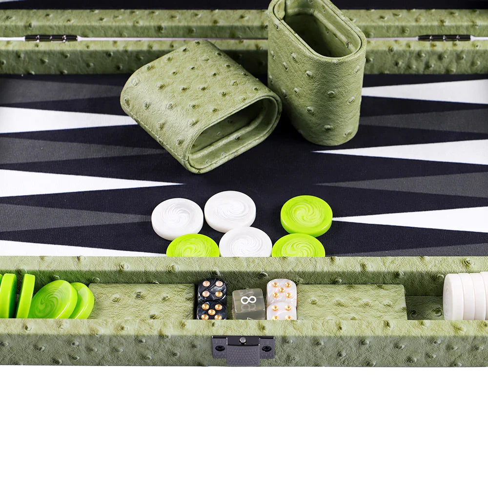 Luxury green vegan leather backgammon set with dice, white and green game pieces, and matching cups