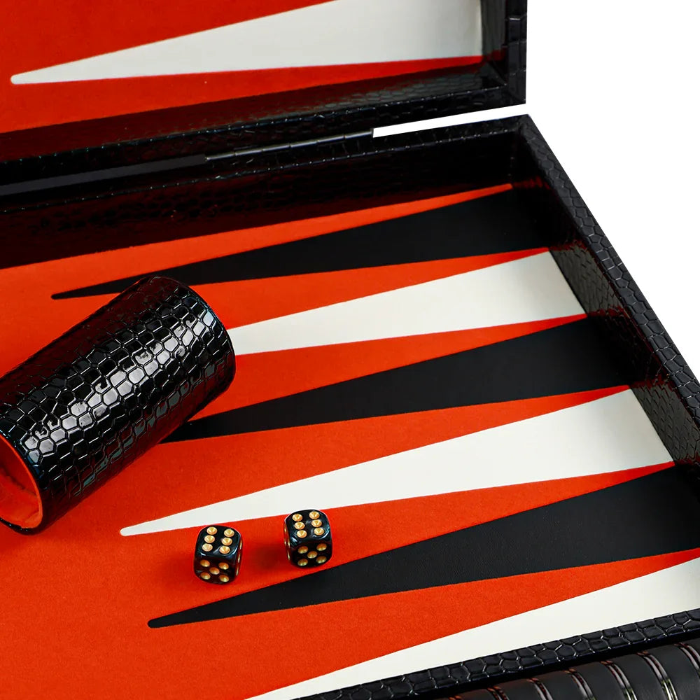 Luxury black vegan leather backgammon set with red, white, and black board design and black dice cup