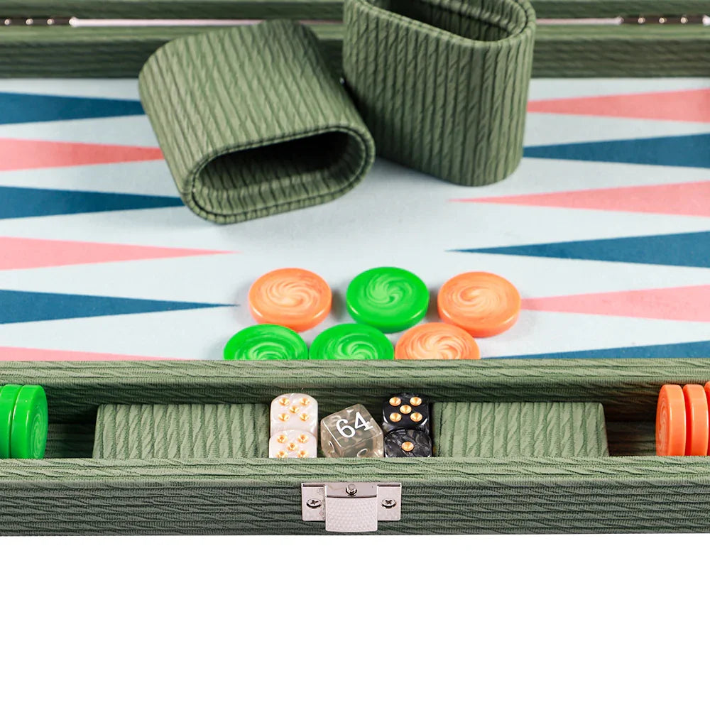 Weighted checkers and dice on green vegan leather board