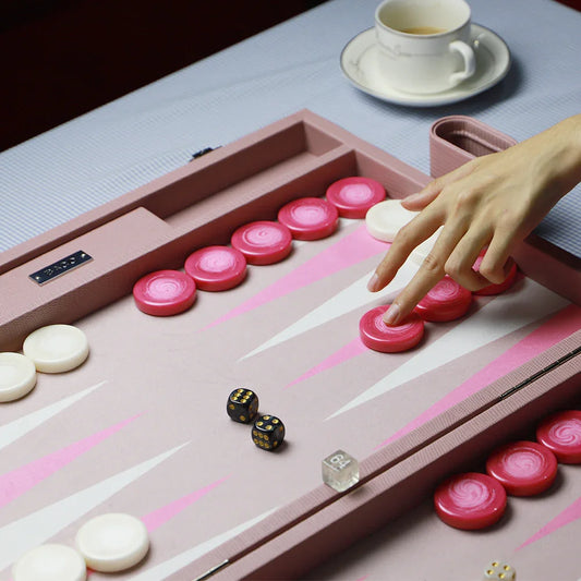 Side profile of luxury portable backgammon board set for travel