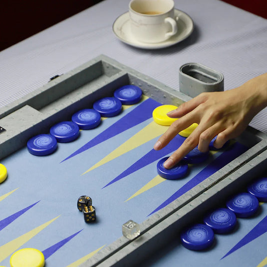Side view of blue luxury backgammon case