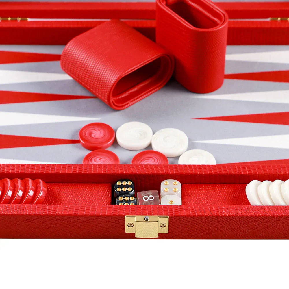 Luxury red vegan leather backgammon set with red and white checkers and elegant dice