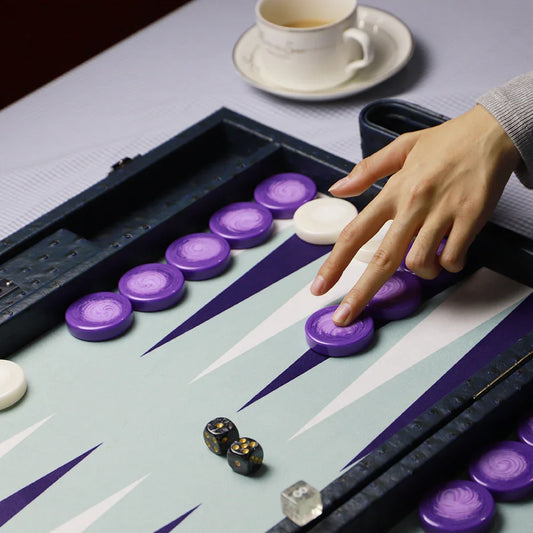 Side view of navy luxury backgammon case