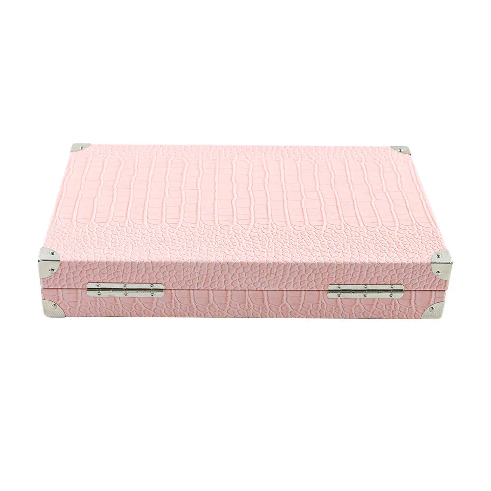 Luxury pink crocodile-pattern vegan leather backgammon set closed with metal corner protectors