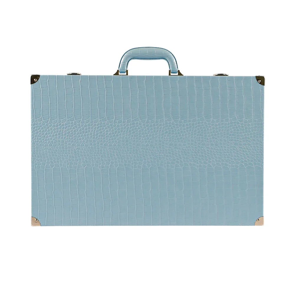 Luxury light blue vegan leather backgammon case with crocodile texture and gold corner accents