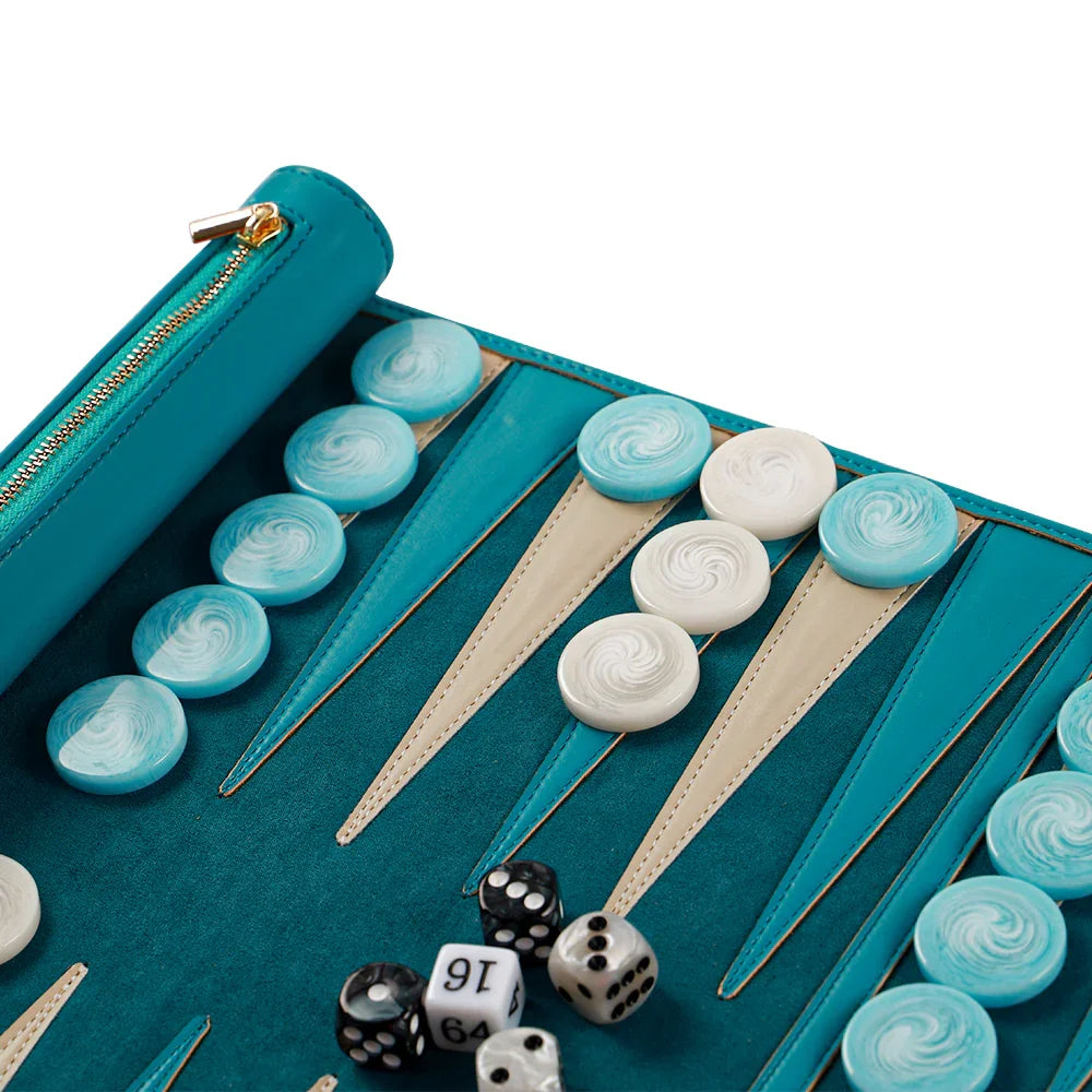 Zippered pocket detail for storing checkers in a travel backgammon set