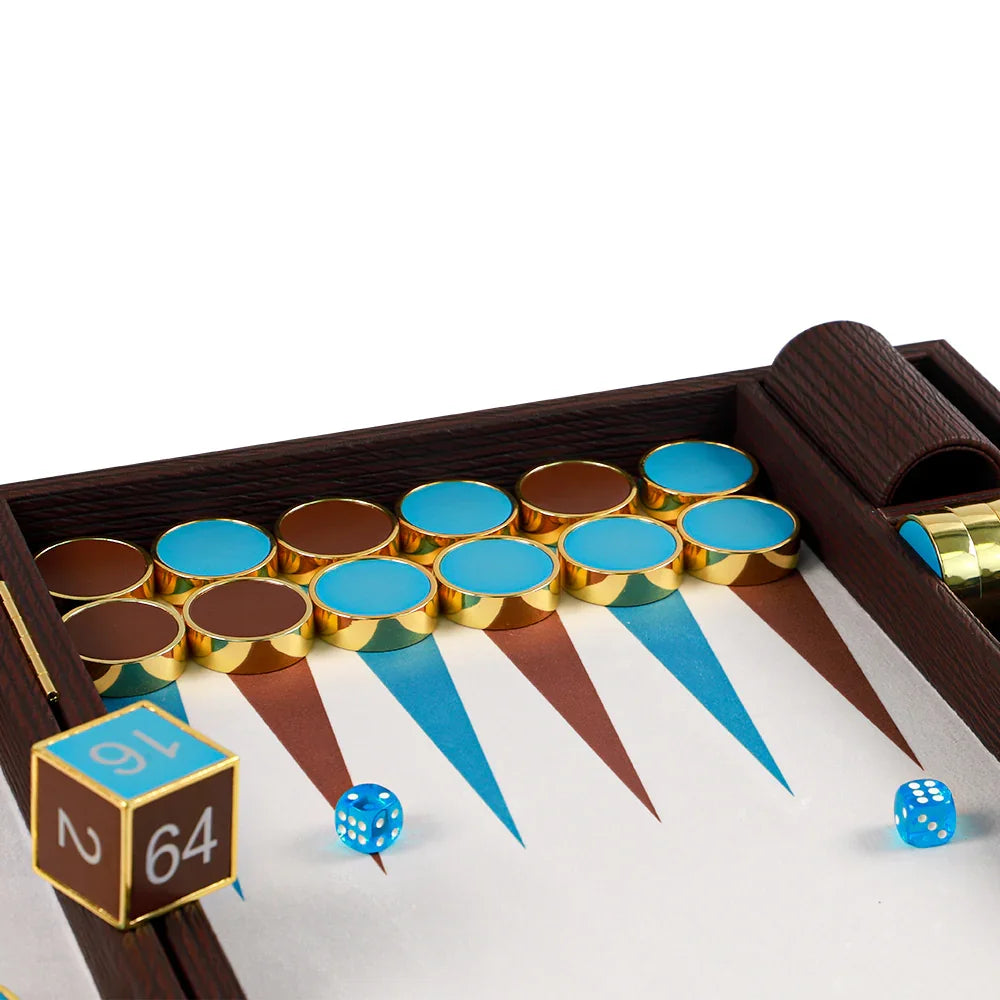 Luxury backgammon set with blue and brown checkers, gold edges, and blue and brown points on white board