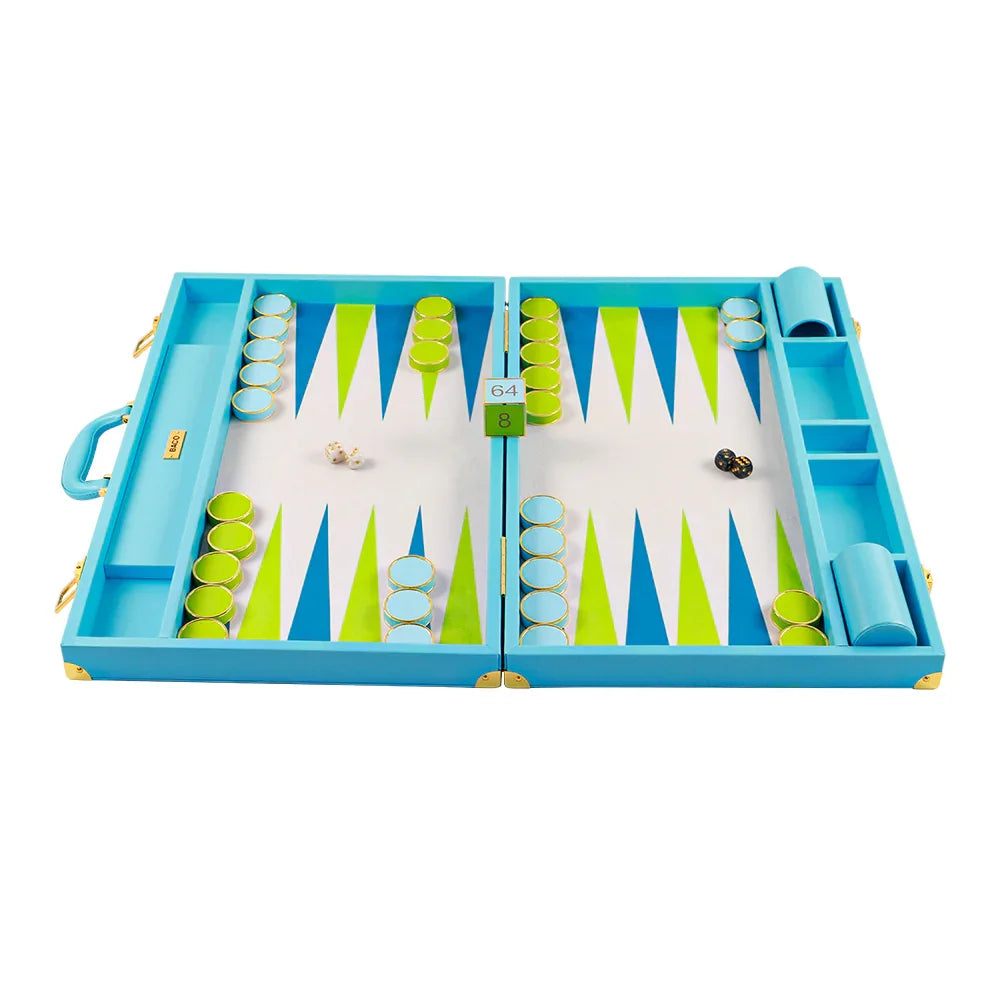 Massive 58cm turquoise backgammon set with green and navy points