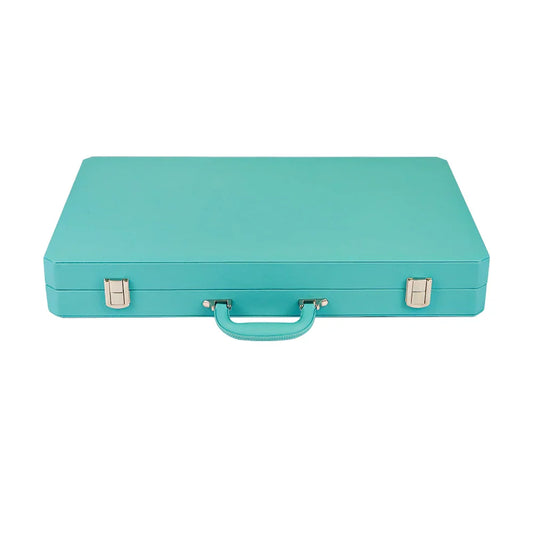 Closed turquoise vegan leather backgammon case with silver clasps and handle on white background