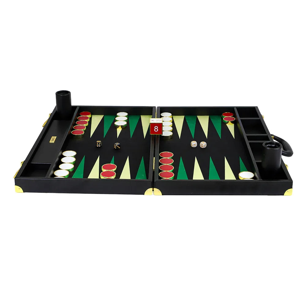 Professional backgammon set black field with yellow and green points