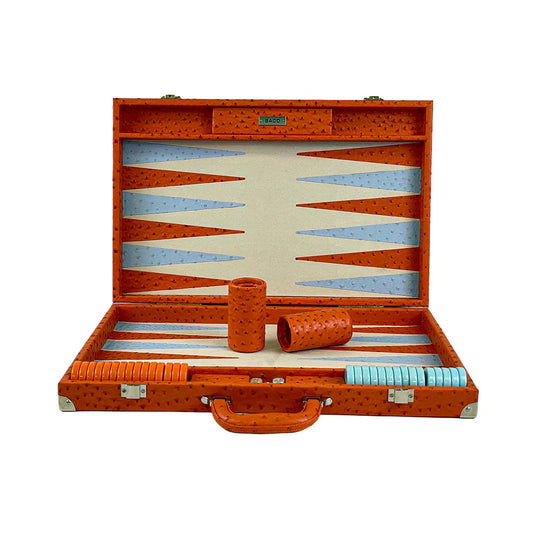 Vibrant orange tournament backgammon set open view
