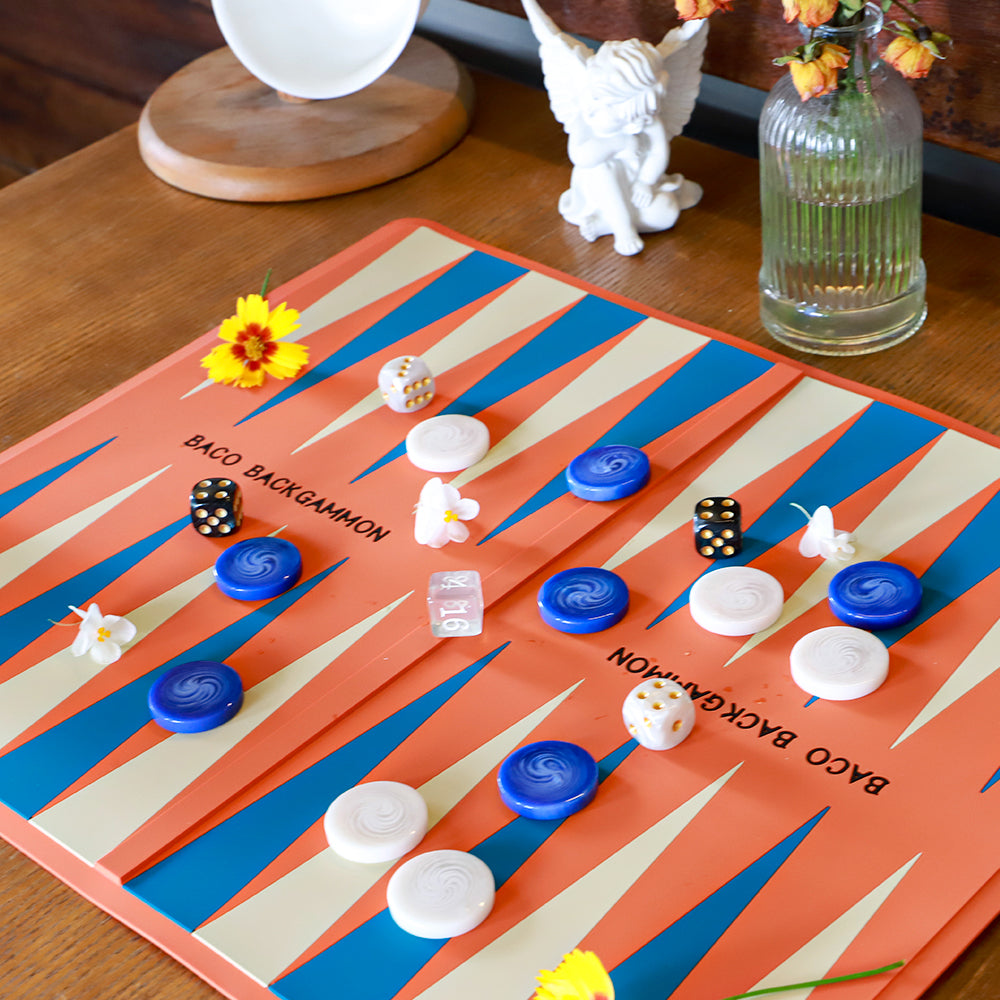 BACO Orange Washable Backgammon board with colorful pieces and dice, showcasing luxury backgammon design and quality.